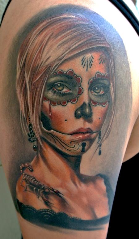 Brent Olson - Realistic color day of the dead tattoo, Brent Olson Art Junkies Tattoo